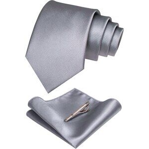Men's Grey Colour Formal Necktie and Pocket Square Tie Clip Sets